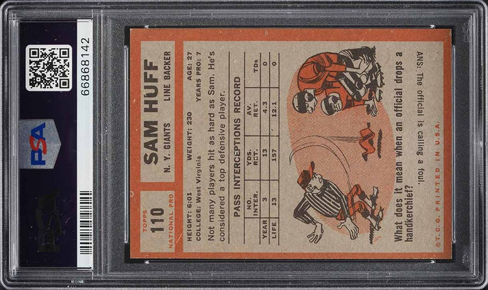 1962 Topps FB Card #110 Sam Huff New York Giants HOF SP PSA 6 EXMT (MGD2)