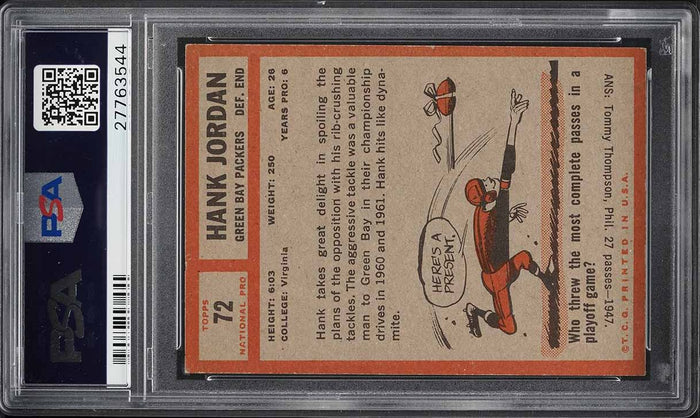 1962 Topps FB Card # 72 Hank Jordan Green Bay Packers HOF SHORT PRINT PSA 5 EX (MGD2)