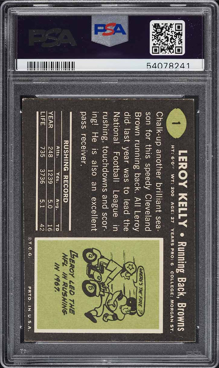 1969 Topps FB Card # 1 LeRoy Kelly Cleveland Browns HOF PSA 7 NRMT (MGD2)