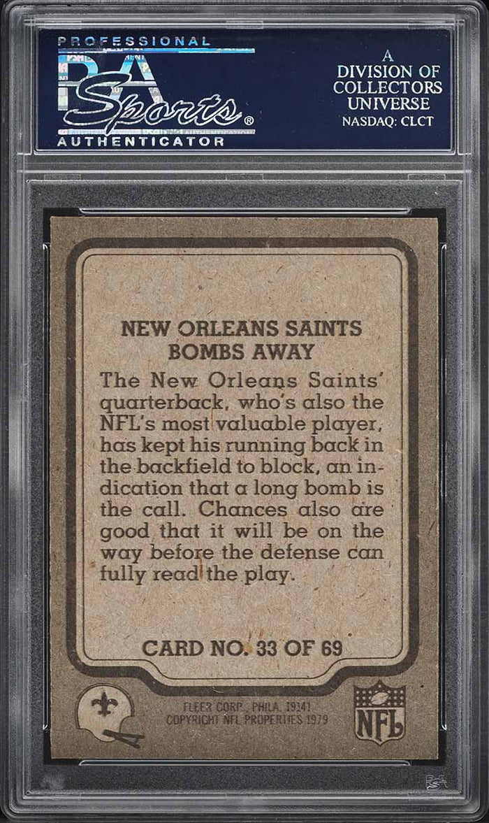 1979 Fleer Teams in Action FB Card # 33 New Orleans Saints BOMBS AWAY PSA 9 MINT (MGD2)