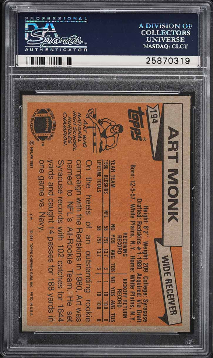 1981 Topps FB Card #194 Art Monk Washington Redskins HOF ROOKIE RC PSA 8 NM-MT (MGD2)