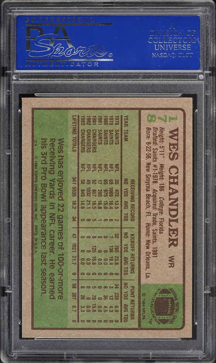 1984 Topps FB Card #178 Wes Chandler San Diego Chargers HOF PRO BOWL PSA 9 MINT (MGD2)