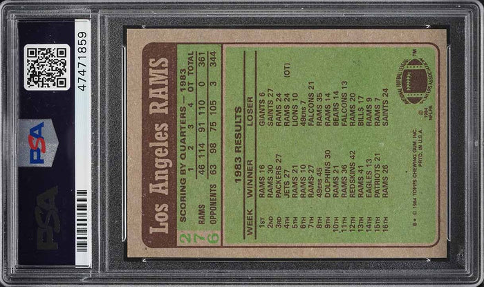1984 Topps FB Card #276 Rams LEADERS Eric Dickerson HOF ROOKIE RC PSA 9 MINT (MGD2)