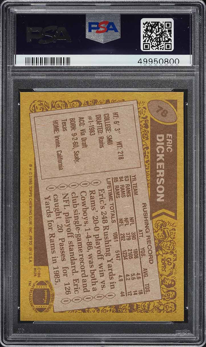 1986 Topps FB Card # 78 Eric Dickerson Los Angeles Rams HOF PSA 9 MINT (MGD2)