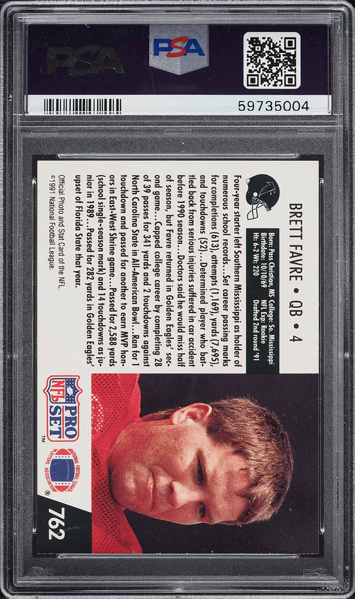 1991 Pro Set FB Card #762 Brett Favre HOF ROOKIE RC PSA 9 MINT (MGD2)