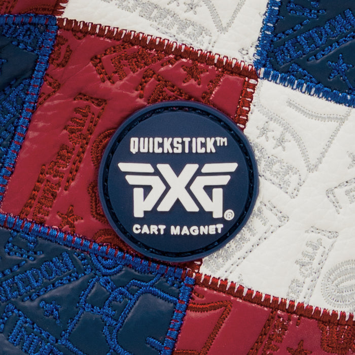 Blade putter headcover with patchwork colors of blue, white, and red on a white background