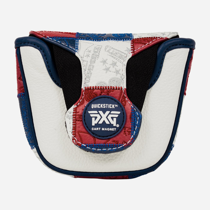 Mallet headcover with patchwork colors of blue, white, and red on a white background