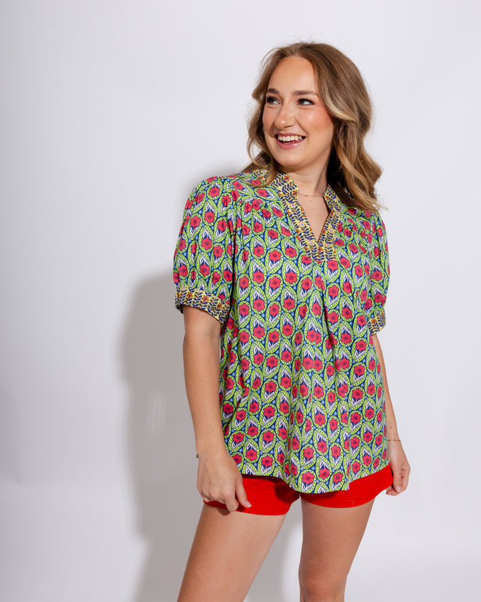 Boho Split Neck Puff Sleeve Top