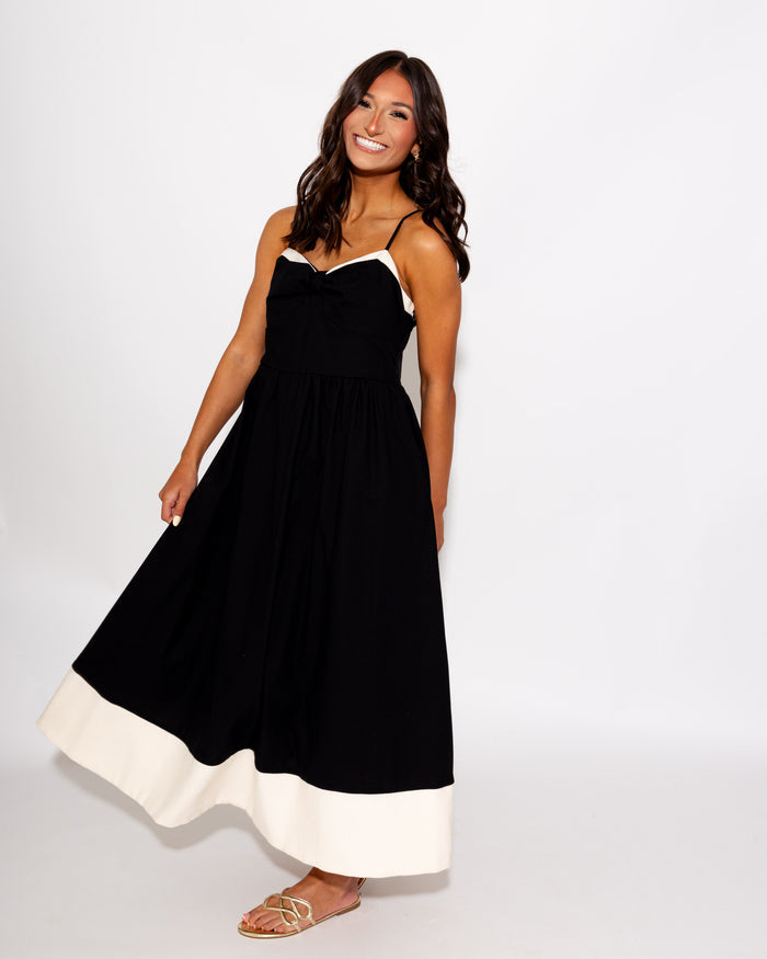 Bow Detail Contrast Trim Midi Dress