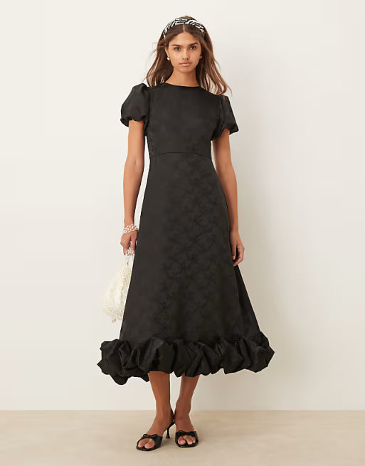 Bow Embossed Puff Sleeve Midi