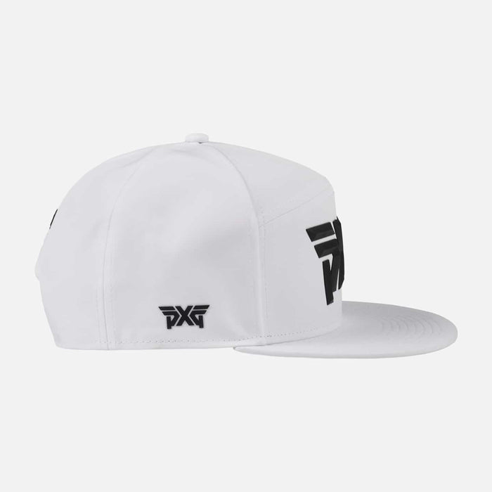 Camper Flat Bill Snapback Cap in White, back view