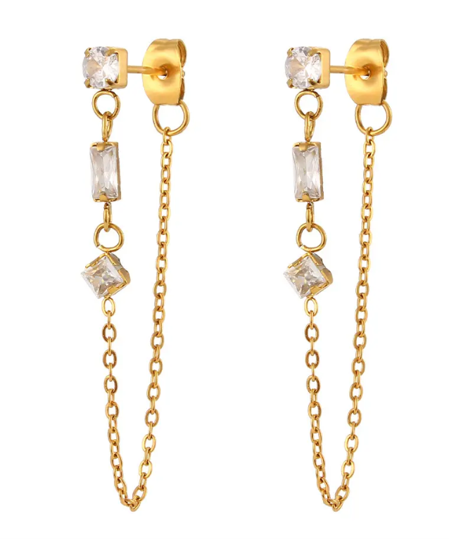 Chain 3 CZ + 14K Gold Earrings