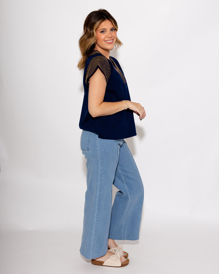 Crinkle Texture Stitch Detail Top in Navy