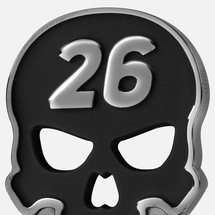 PXG chrome darkness golf divot tool with a 26 skull on top of the handle and darkness etched into the divot tool bottom on a white background