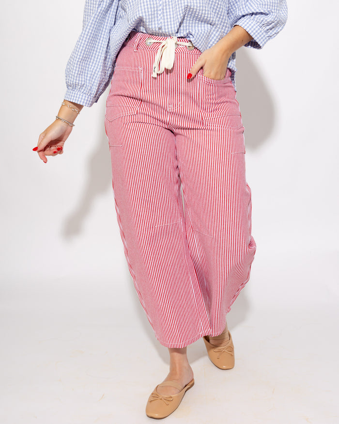 Drawstring Waist Stripe Barrel Pants