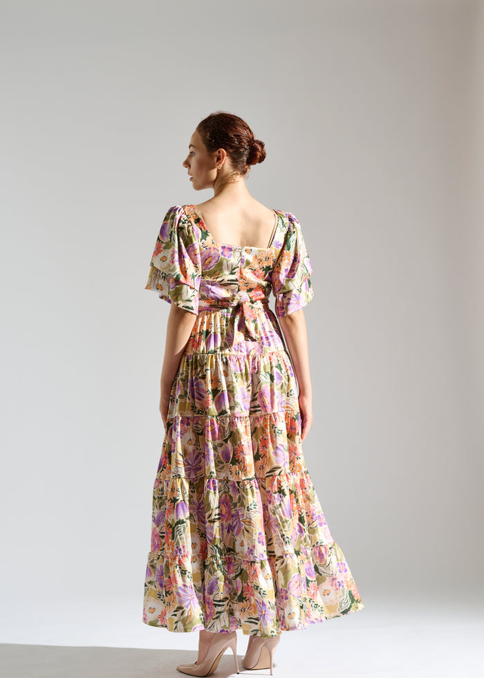 Second back view of Klay garden-patterned pastel maxi dress.