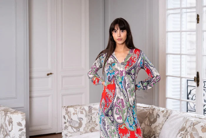 Model dons Elegance Miss maxi dress in a Paris apartment