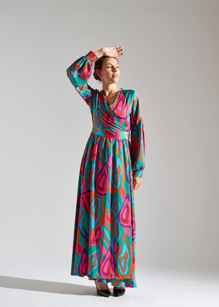 Second Full view of Lovei abstract-patterned green, red, and purple maxi dress.