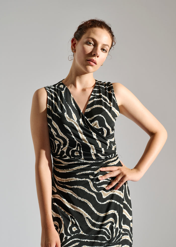 Second Close up of Milou black sleeveless maxi dress with animal-like pattern.