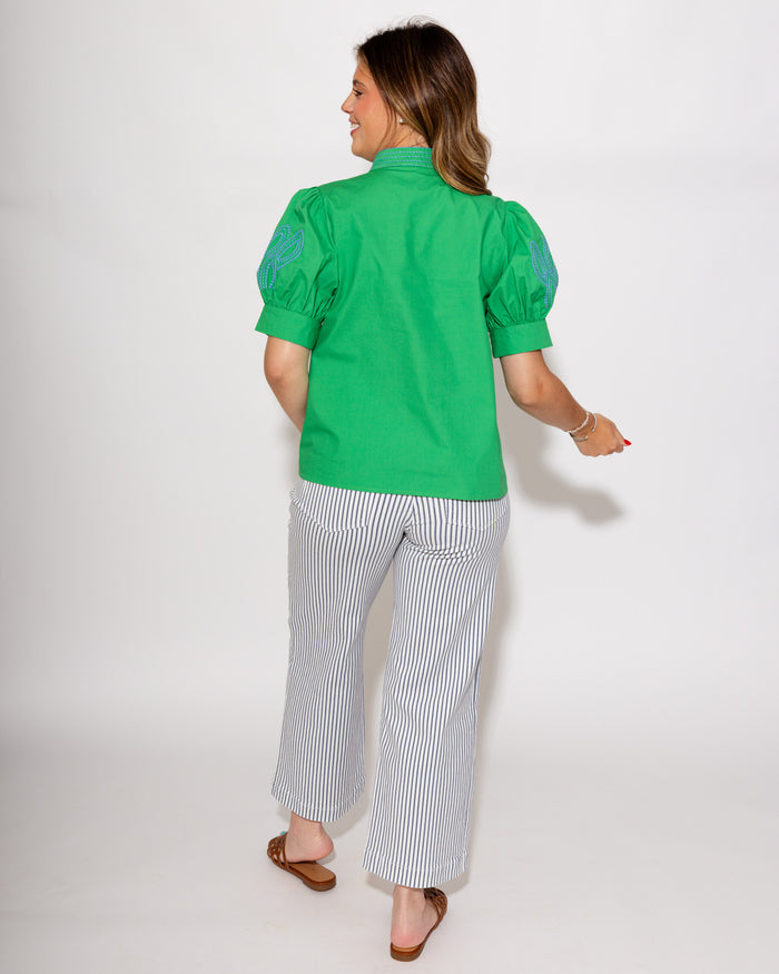Embroidered Puff Sleeve Top in Green