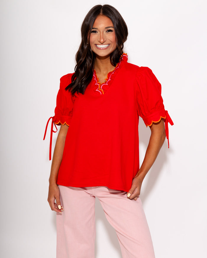 Embroidered Scallop Puff Sleeve Top in Red