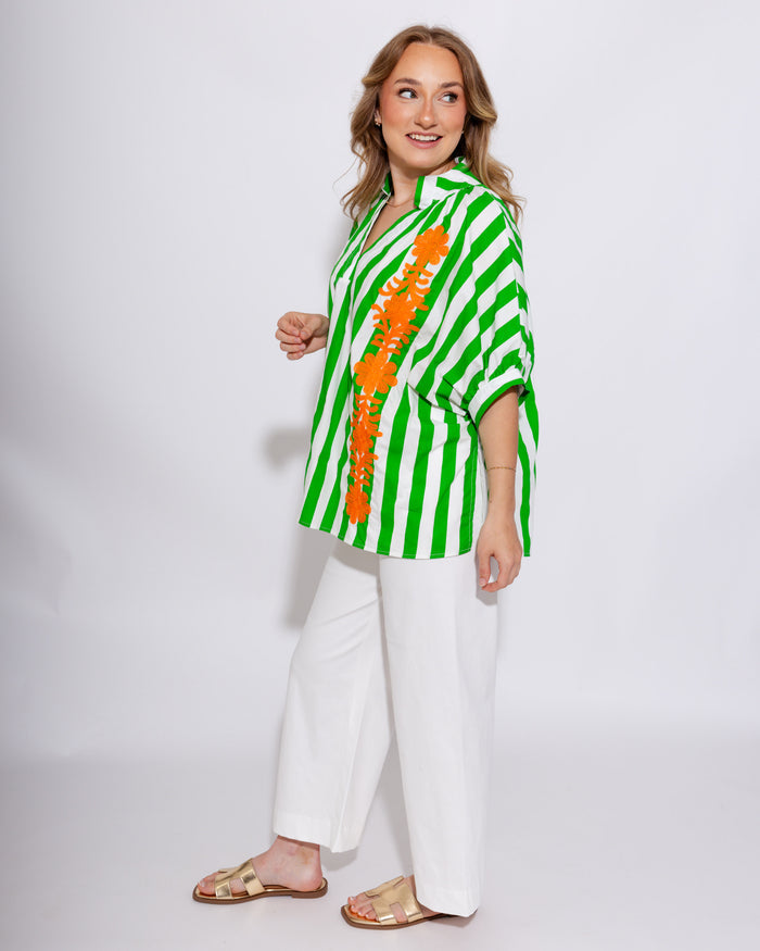 Floral Embroidered Stripe Top in Green