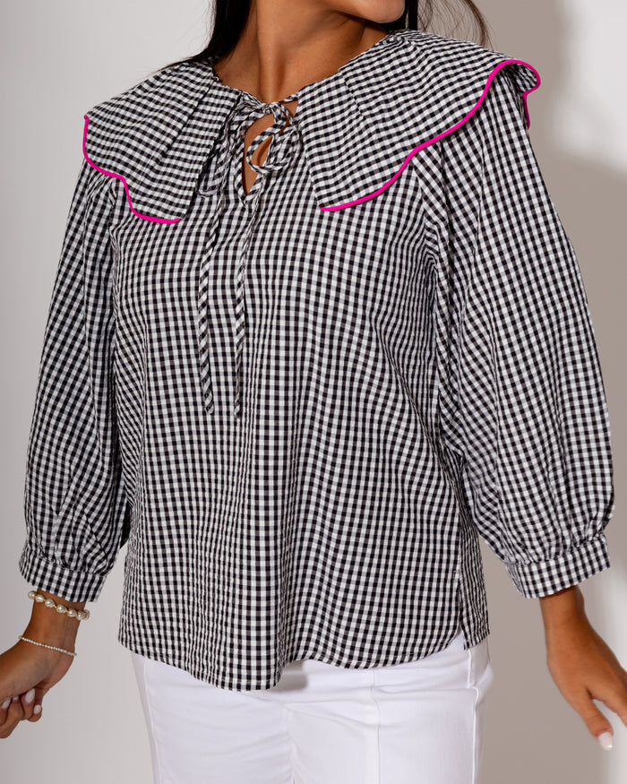 Gingham Pintuck Peasant Top in Black