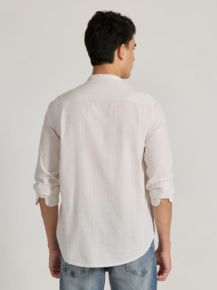 Band Collar Checks Shirt - Light Peach