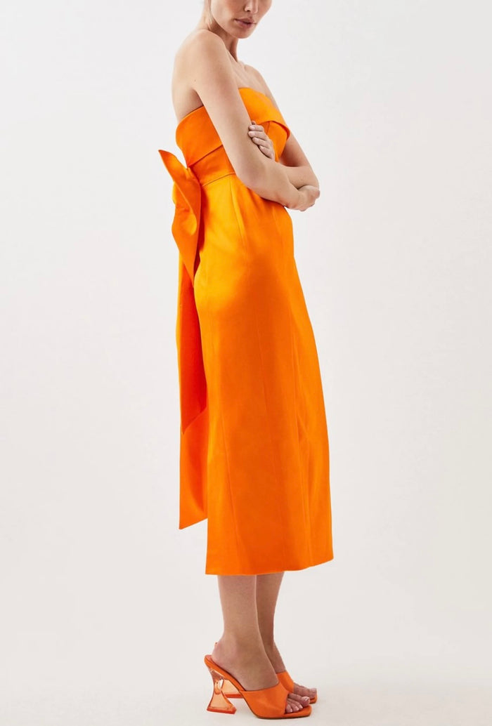 Italian Satin Bandeau Structured Bow Detail Midi Dress
