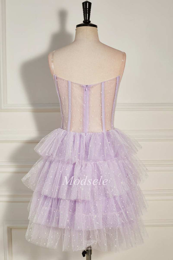 Lilac Tulle Strapless Tiered Short Homecoming Dress with Ruffles