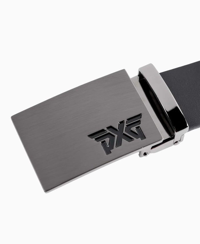 PXG black men's leather golf belt on a white background