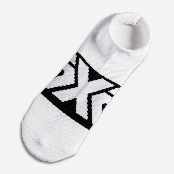 PXG black men's logo low cut socks with a white PXG logo on white background