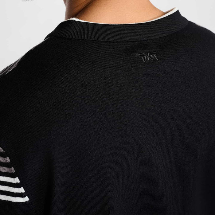 PXG men's black multi-striped v-neck sweater, close-up back detail