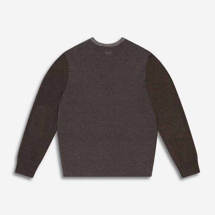 PXG men's caf� brown multi yarn melange crewneck sweater on a white background