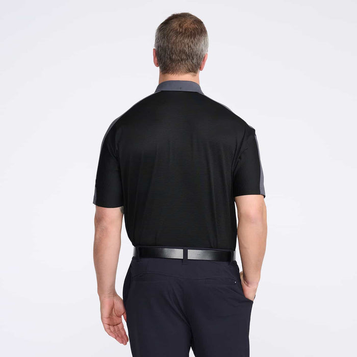 PXG men's black comfort fit shoulder trim polo, back view