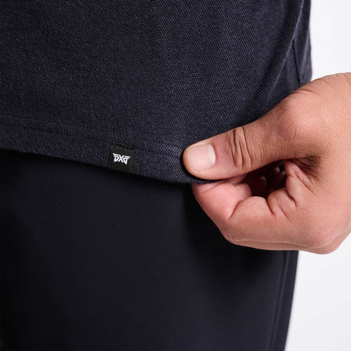 PXG men's dark navy sloane ranger 1/4 zip pullover, side close-up detail