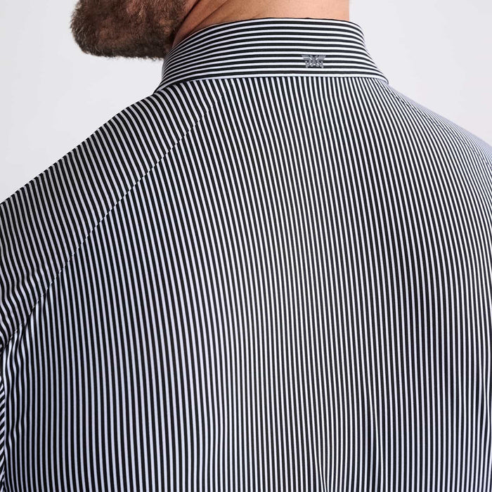 PXG men's white striped polo, close-up back detail