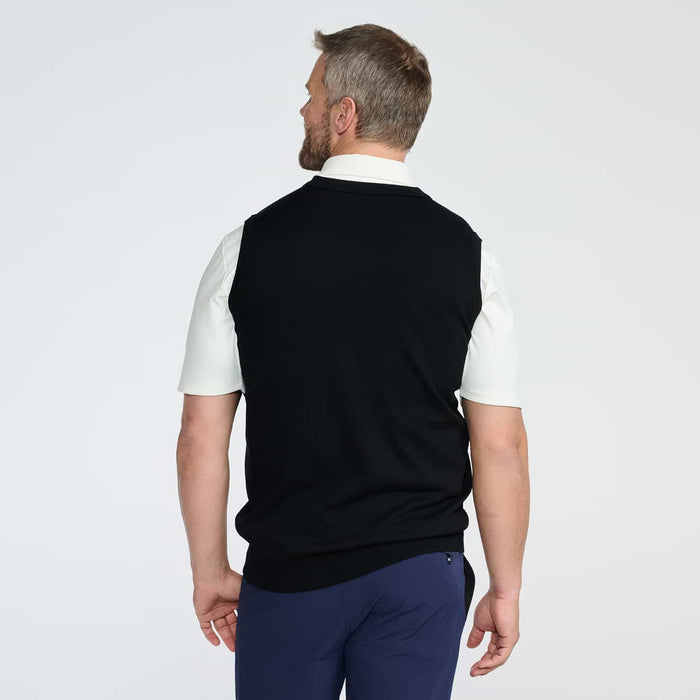 PXG men's black v-neck color block knitted vest, back view