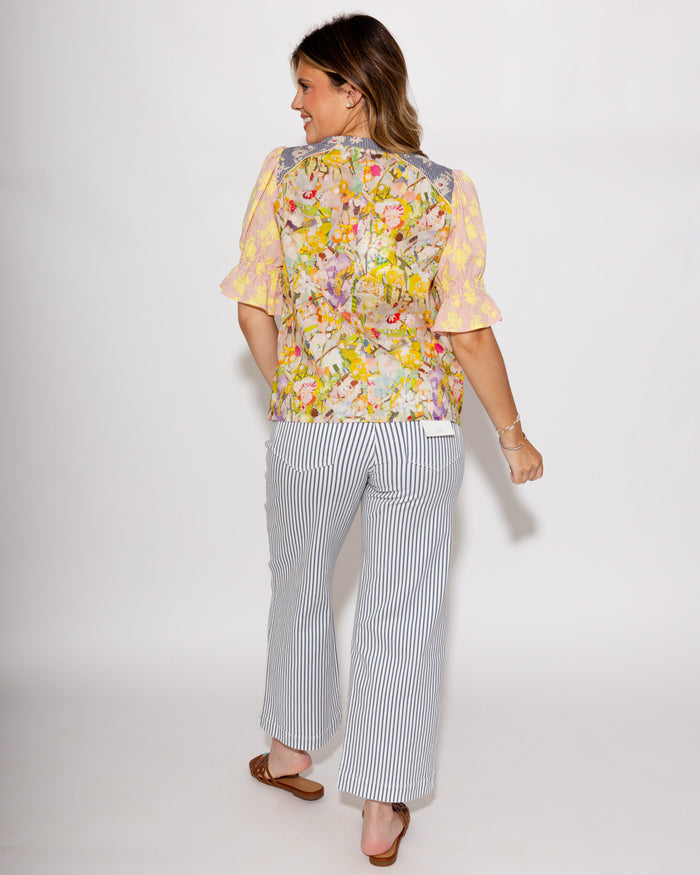 Multi Floral Print Split Neck Top