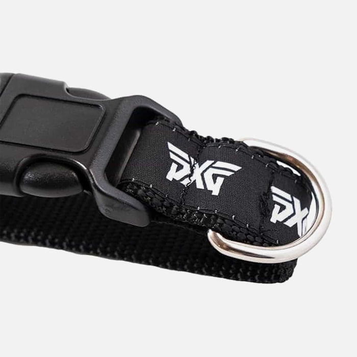 PXG black pet collar with pxg as a repeating logo around the collar on a white background