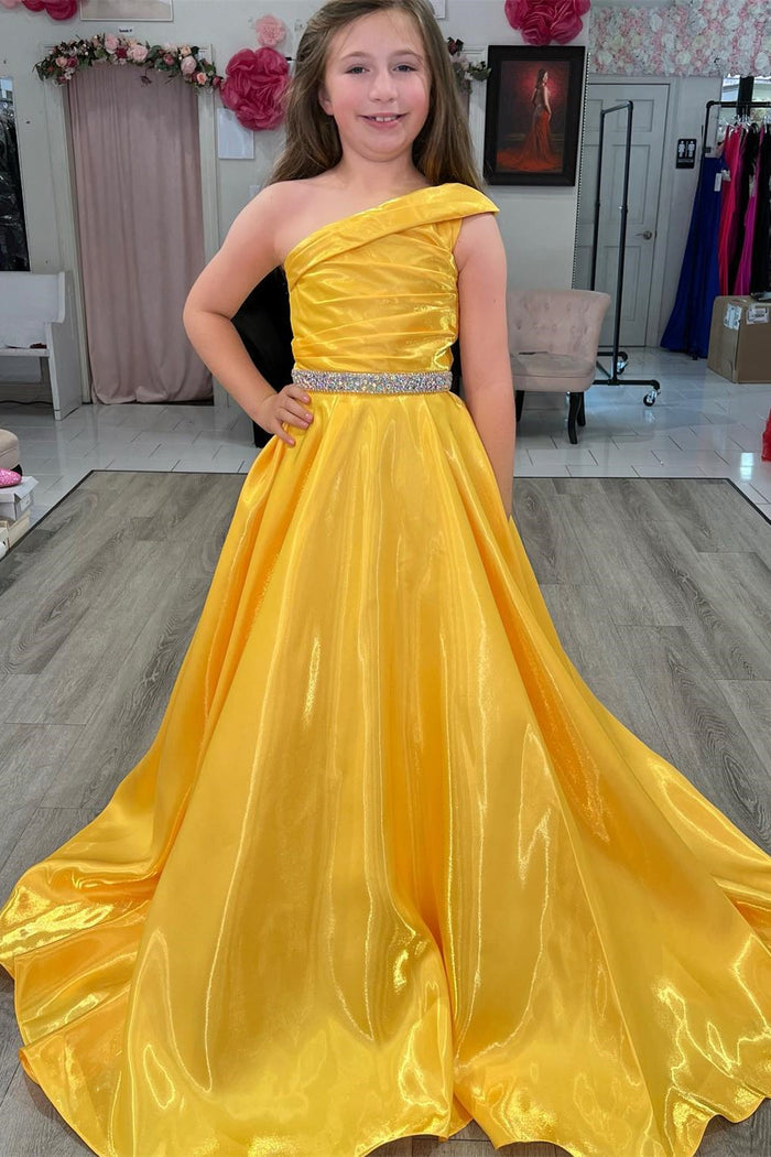 Red One-Shoulder Girl Pageant Dress with Beaded Sash