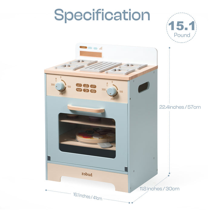 Robud mint blue play oven specification panel showing 15.1 lb weight and overall dimensions