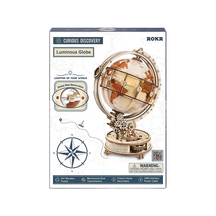 ROKR, Luminous Globe, ST003, 3D wooden globe puzzle, finished display