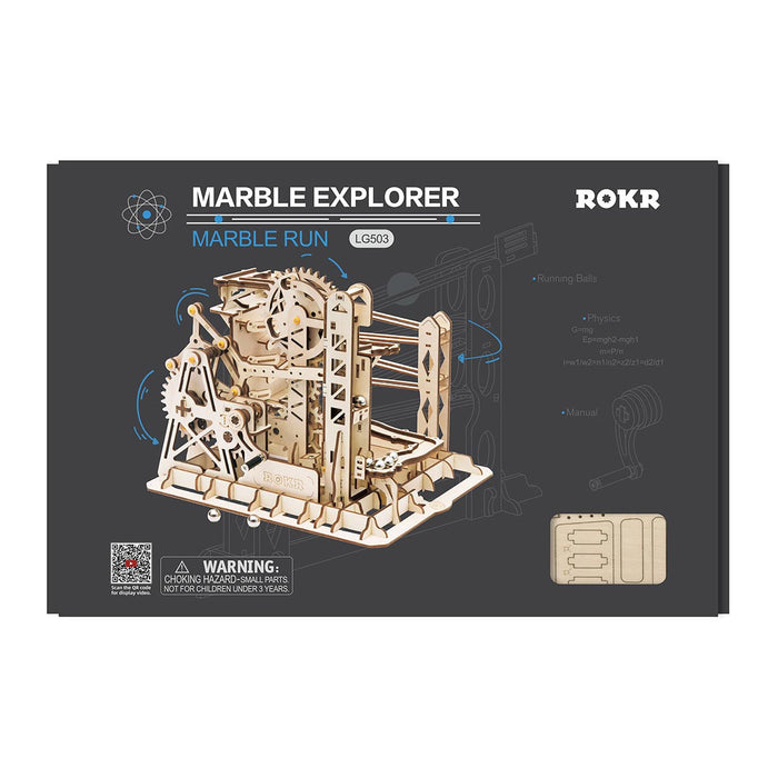 ROKR Marble Explorer marble run retail packaging box in matte black theme with assembled product preview