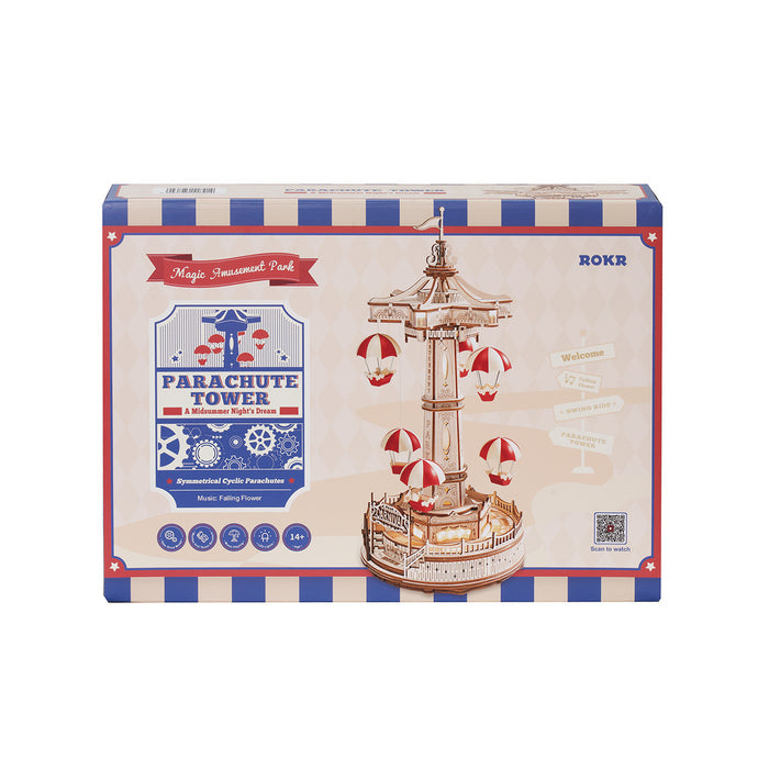ROKR Parachute Tower retail box with navy and red stripe border showing the assembled wooden carousel on the front panel