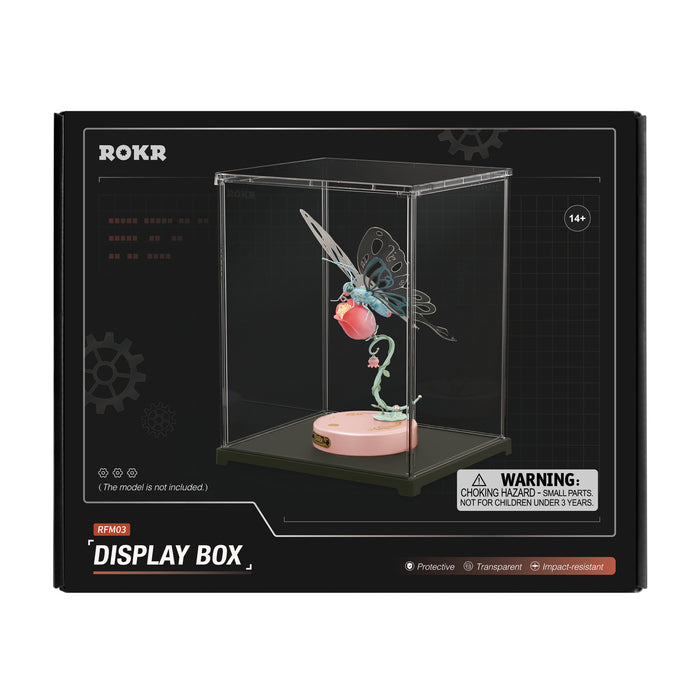 ROKR Display Box RFM03 retail packaging showing acrylic case with a dragonfly kinetic sculpture model inside on black background