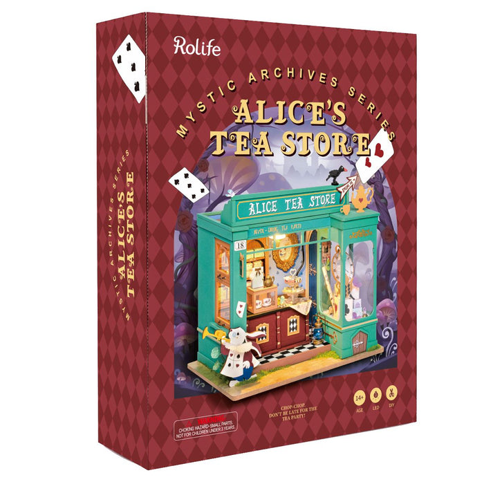Rolife Alice's Tea Store Mystic Archives retail box with teal storefront art on a purple diamond pattern background
