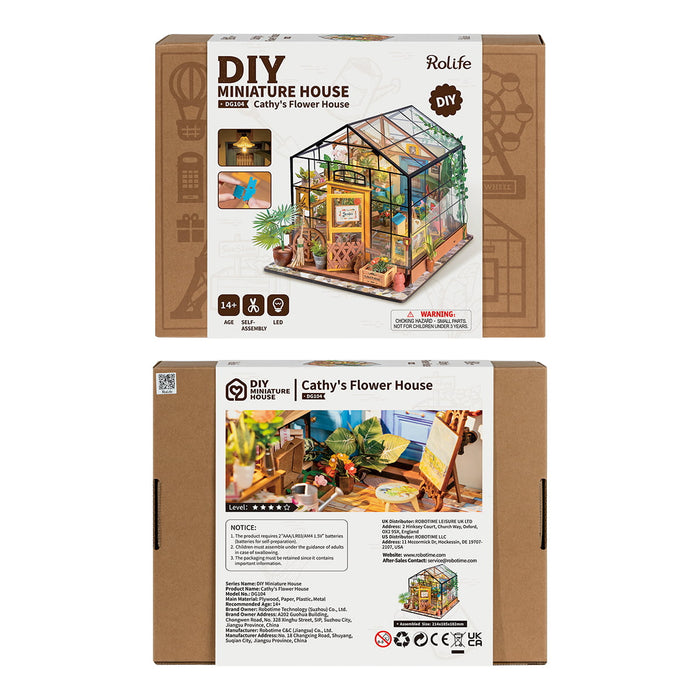 Rolife Cathy's Flower House DIY miniature retail packaging box showing front cover and back specs panel