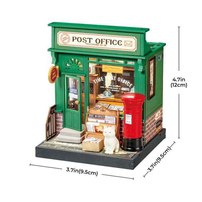 Rolife Century Post Office DS037 assembled model with 3.7 by 3.7 by 4.7 inch dimension labels on a white background