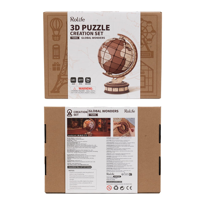 Rolife Global Wonders 3D puzzle creation set retail box front and back with globe artwork, brand logo and product detail panels